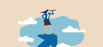 Illustration of a business women standing on top of an arrow looking through a telescope