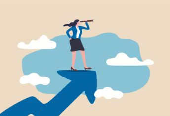 Blackstone saw record year for secondaries deployment Illustration of a business women standing on top of an arrow looking through a telescope