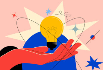 Photo of a hand under a floating lightbulb, representing new ideas, thoughts, and innovation.