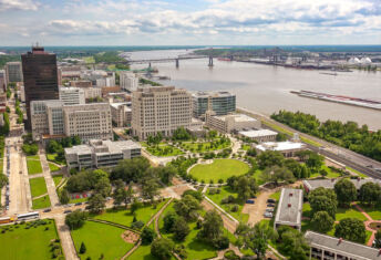 Aerial view of Baton Rouge, Louisiana and the Mississippi River
