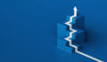 A white arrow painted on the blue floor climbs isometric steps
