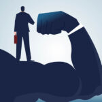 Illustration of a strong business person standing behind a person in a suit.