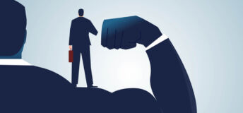 Illustration of a strong business person standing behind a person in a suit.