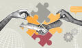 Concept of partnership, sponsorship, agreement, contract conclusion using puzzle pieces.