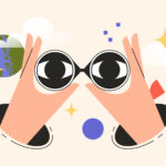 Hands holding binoculars with eyes visible inside
