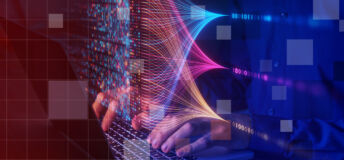 Streams of data converge for someone tapping on a laptop keyboard, for the Private Markets 2030 Artificial Intelligence theme