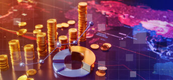 Piles of coins in a line stand besidge a doughnut chart upon a map of the world, for the Private Markets 2030 Public Markets theme