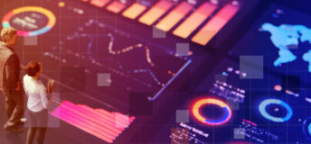 Two business people stand before several graphs and maps of the world, for the Private Markets 2030 Public Markets theme