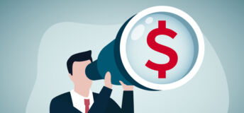 Graphic of a person looking for an investment opportunity, money visionary, searching for yield, dividend or profit in stock market concept, wealthy businessman investor look through binoculars to see money dollar sign.