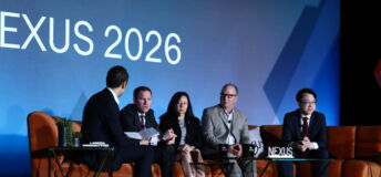 PEI's Adam Le on stage at the NEXUS 2026 conference with Stefan Fallgren of Skandia Mutual Life Insurance Company, Geeta Kapadia of Fordham University, Mike Lazorik of Teacher Retirement System of Texas and Jacob Shu of University Pension Plan Ontario (left to right)