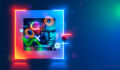 A digital-type human face is surrounded by bio-tech imagery