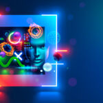 A digital-type human face is surrounded by bio-tech imagery