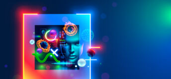 A digital-type human face is surrounded by bio-tech imagery