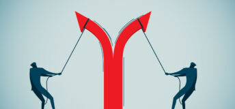 two businessmen pull apart an arrow, causing it to point in opposite directions