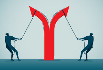 two businessmen pull apart an arrow, causing it to point in opposite directions