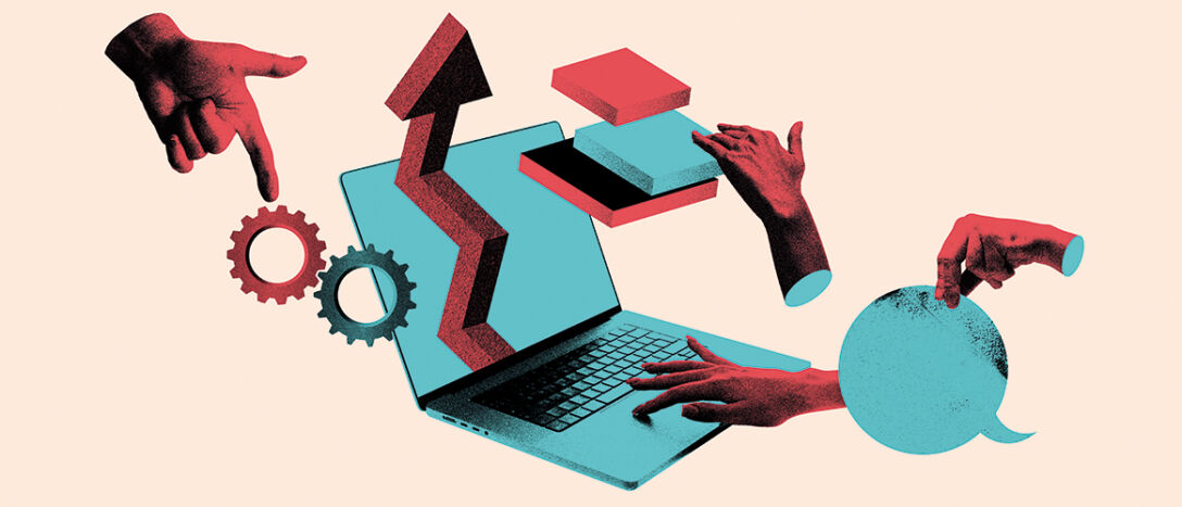 Bright collage. Hands creating system integration with laptop gears and arrows