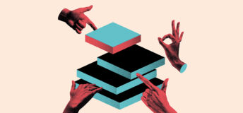 Collaborative abstract design with multiple hands assembling geometric layers. Cover-style artwork in photocopy effect. Concept of teamwork, coordination, and problem-solving in business. Art collage